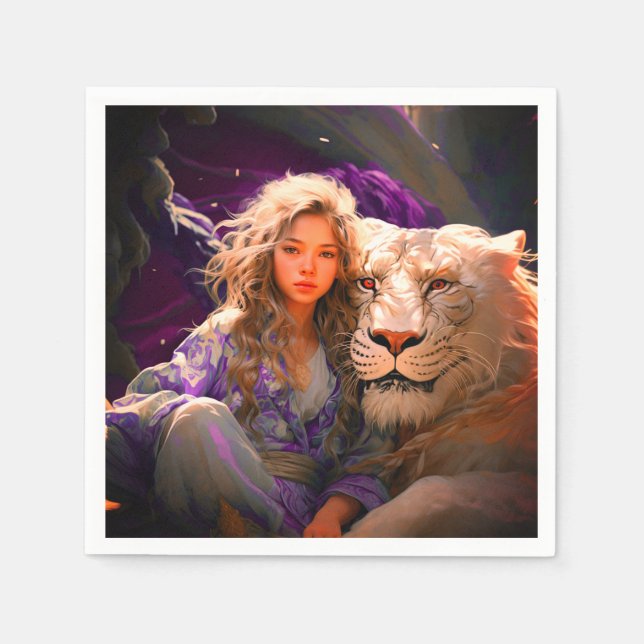 Serviette En Papier Ai Girl et Lion (Devant)
