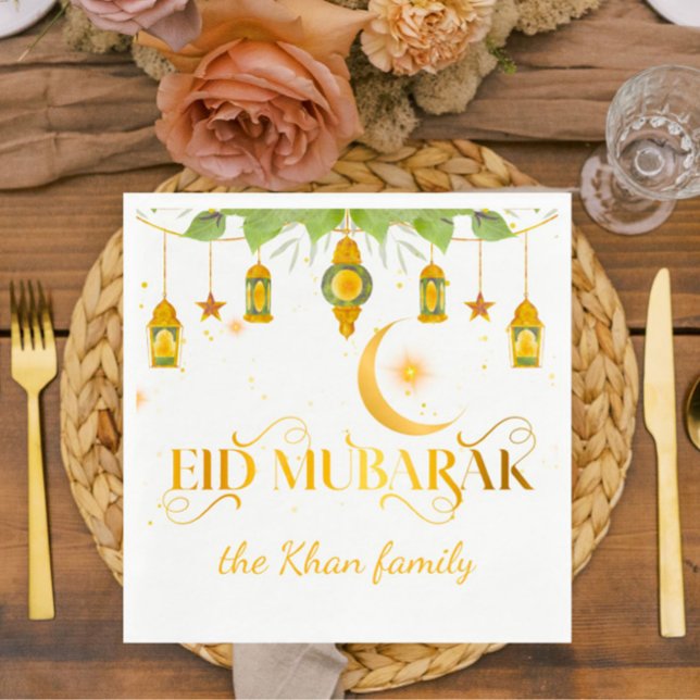 Serviette En Papier Aïd Moubarak Custom Gold Lanternes blanches + Lune (Elegant gold + white "Eid Mubarak" custom napkins for your special Eid celebration!)
