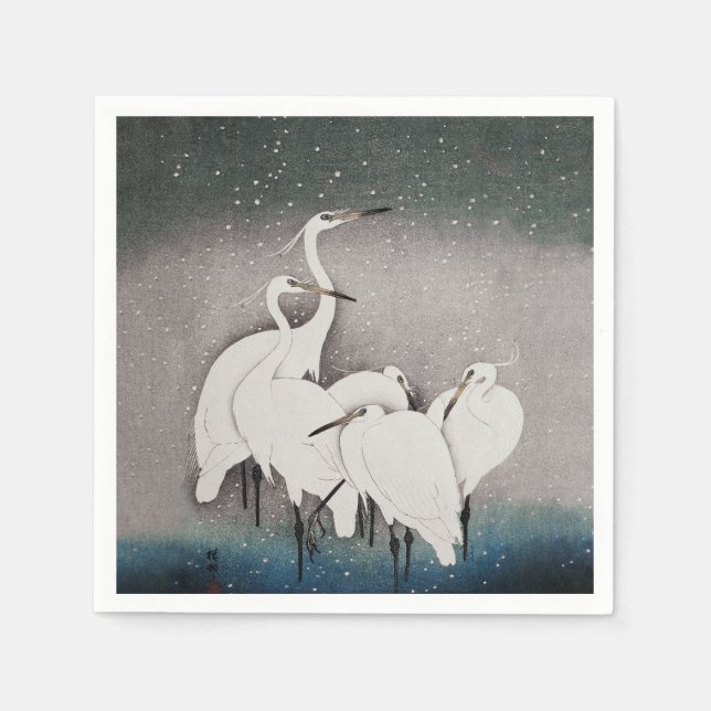 Serviette En Papier Aigrettes japonaises Grues Koson Neige d'hiver (Devant)