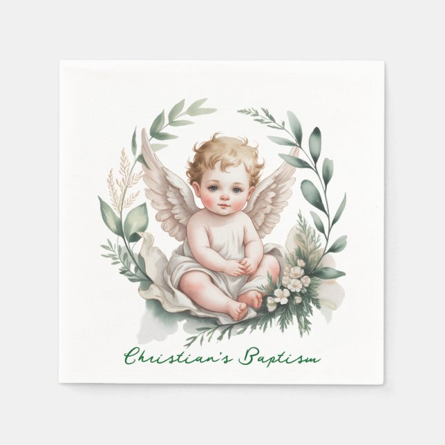 Serviette En Papier Ailes d'ange à l'aquarelle Baptême Vert (Devant)