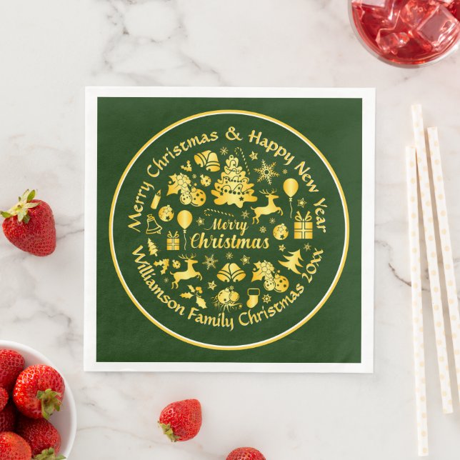 Serviette En Papier Ajouter un nom Modifier le texte Or Vert Noël 20xx (En situation)