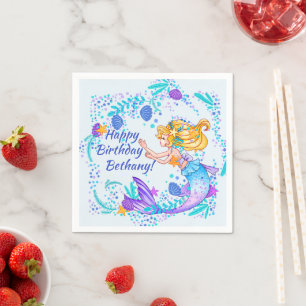 Serviette En Papier Ajouter un nom Texte Blonde Mermaid Blue Mauve Aqu