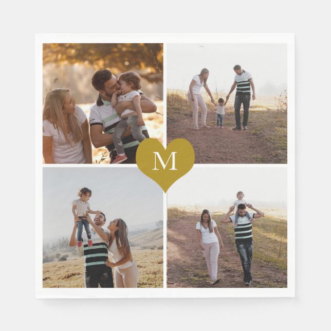 Serviette En Papier Ajouter Votre Propre 4 Famille Photo Gold Heart Mo (Devant)