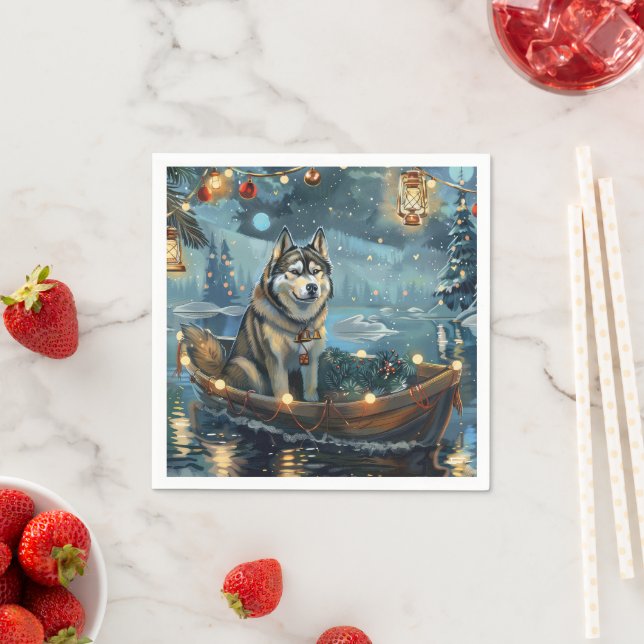 Serviette En Papier Alaskan Malamute Noël Festive Voyage (En situation)
