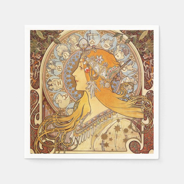 Serviette En Papier Alfonse Mucha Zodiac Art nouveau femme (Devant)