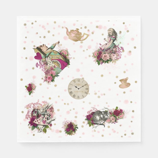 Serviette En Papier Alice au pays des merveilles Personnages en blanc  (Devant)