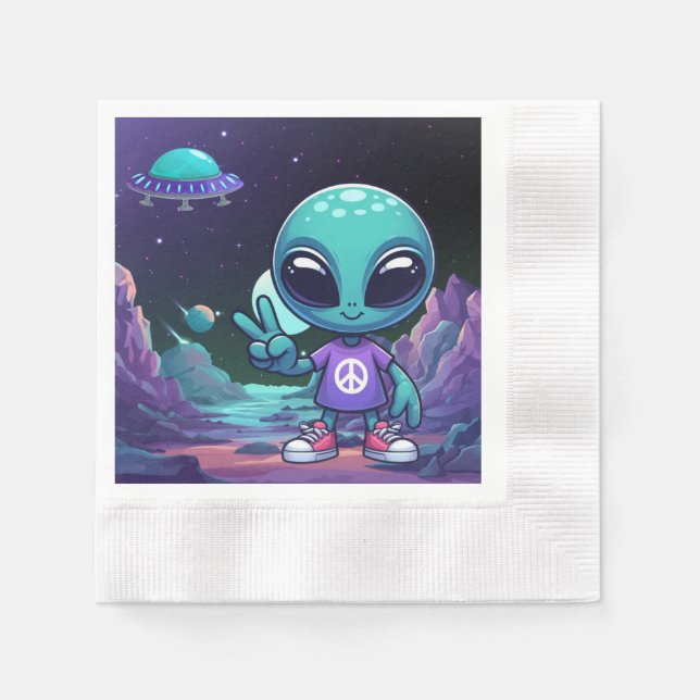 Serviette En Papier Alien de paix mignon et vaisseau spatial (Devant)