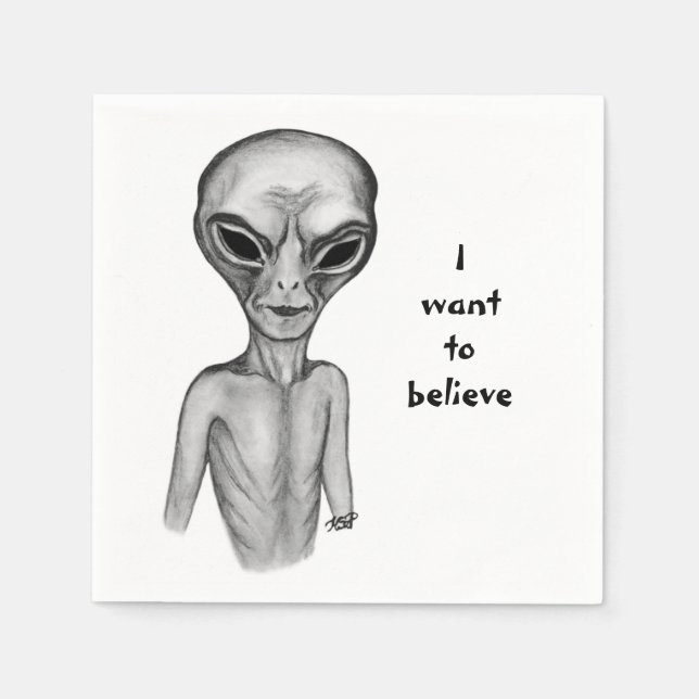 Serviette En Papier Alien gris, je veux croire (Devant)