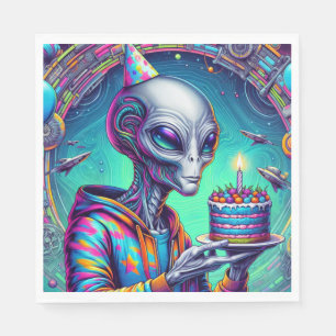 Serviette En Papier Alien tenant Birthday Cake