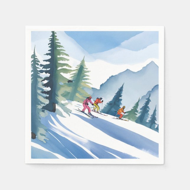 Serviette En Papier Allons Skiing | Aquarelle d'hiver (Devant)