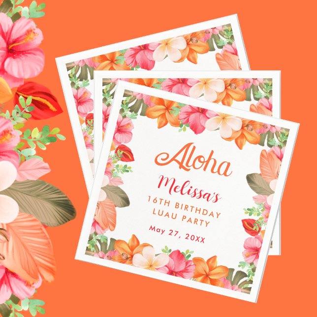 Serviette En Papier Aloha Tropical Pink & Coral Floral Luau Birthday  (Créateur téléchargé)