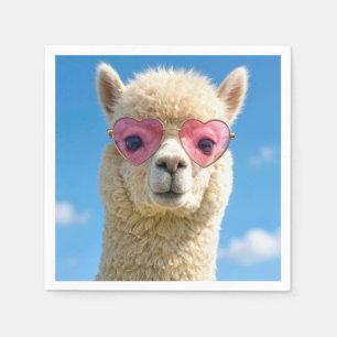Serviette En Papier Alpaca portant des lunettes en forme de cœur rose
