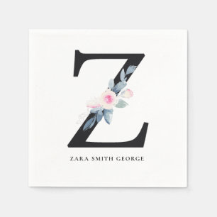 SERVIETTE EN PAPIER ALPHABÈTES FLORAUX BLANCS BLEUS DOUX