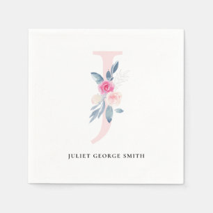 SERVIETTE EN PAPIER ALPHABÈTES FLORAUX BLANCS BLEUS DOUX J