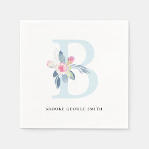 SERVIETTE EN PAPIER ALPHABÈTES FLORAUX BLEUS BLANC DOUX BLANC LETTRE B