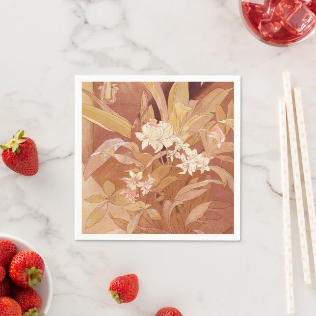 Serviette En Papier Alphonse Mucha Art Nouveau Détail floral (En situation)