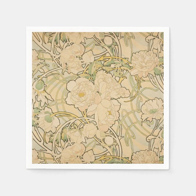 Serviette En Papier Alphonse Mucha Peonies Peony Roses Fawn 1897 (Devant)