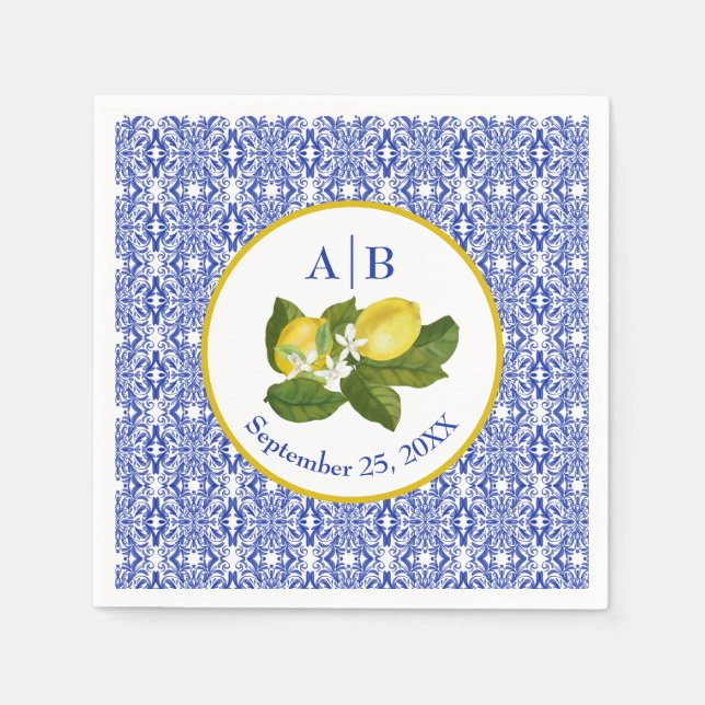 Serviette En Papier Amalfi Coast I Italian Lemon & Blue Tile Mongram (Devant)