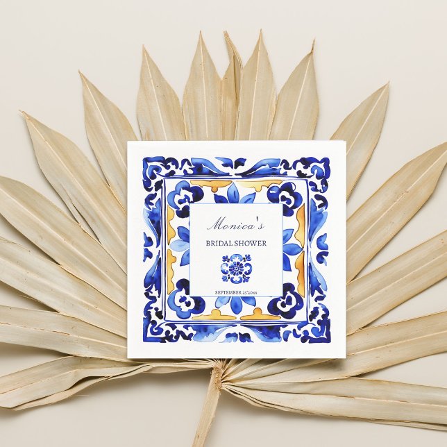 Serviette En Papier Amalfi Vietri Italien carrelage bleu douche nuptia (Amalfi Vietri Italian blue tiles bridal shower tableware personalized Napkins Mediterranean themed)