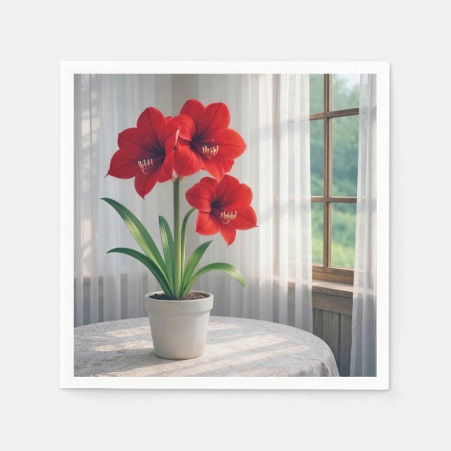Serviette En Papier Amaryllis Rouge en Fleur  (Devant)