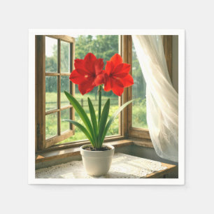 Serviette En Papier Amaryllis rouge en fleurs dans une fenêtre ensolei
