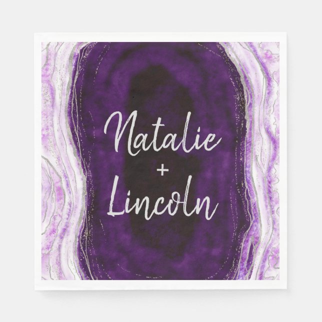 Serviette En Papier Amethyst Purple & Silver Mariage Dîner Monogram (Devant)