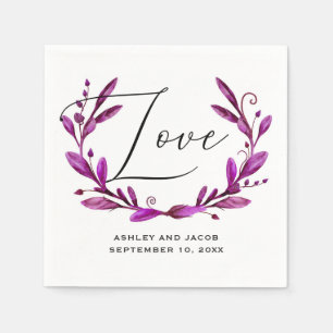 Serviette En Papier Amour. Aquarelle écriture mariage floral violet
