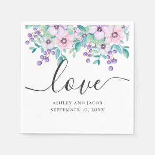 Serviette En Papier Amour. Aquarelle mariage floral violet et rose