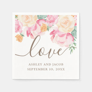 Serviette En Papier Amour. Aquarelle rose et pêche fleurs mariage
