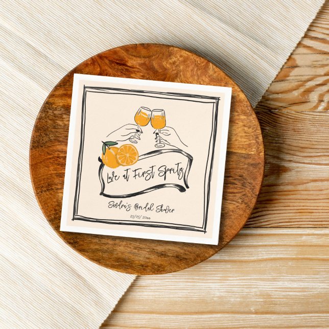 Serviette En Papier Amour au premier spritz shower de mariage rétro or (Love at first spritz retro orange hand drawn sketch border bridal shower template napkins modern )