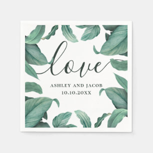 Serviette En Papier Amour. Écriture tropicale aquarelle pour mariage
