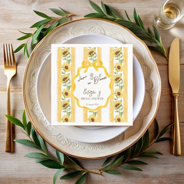 Serviette En Papier Amour en fleurs soleils mariée douche personnalisé (Love in bloom sunflowers grandmillenial yellow stripes bridal shower monogrammed napkins )