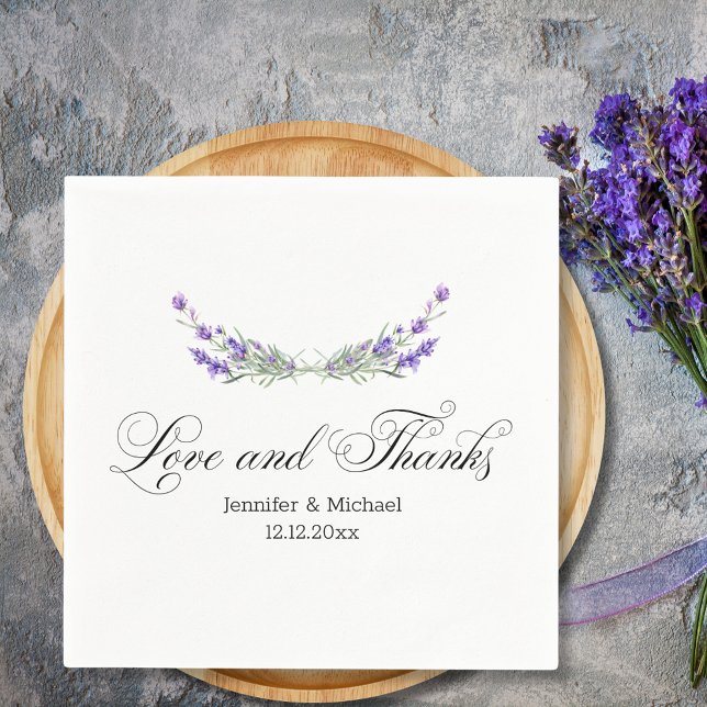 Serviette En Papier amour et merci, aquarelle violet lavande mariage (Créateur téléchargé)