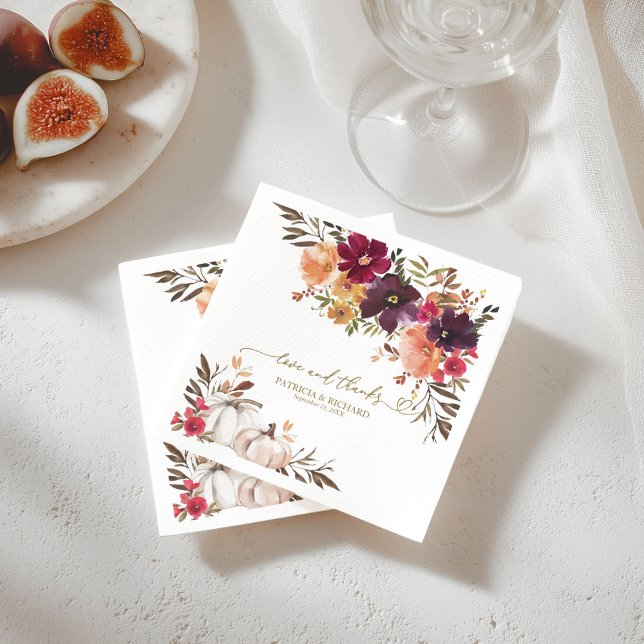 Serviette En Papier Amour Et Merci Citrouille Bourgogne Mariage Floral (Créateur téléchargé)