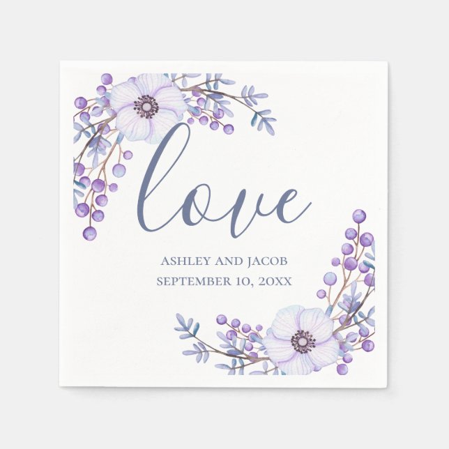 Serviette En Papier Amour. Fleurs violettes. Écriture florale de lilas (Devant)
