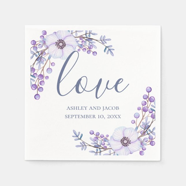 Serviette En Papier Amour. Fleurs violettes. Mariage de script floral  (Devant)