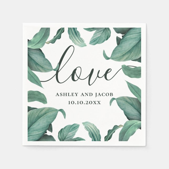 Serviette En Papier Amour. Mariage de script de verdure tropicale aqua (Devant)