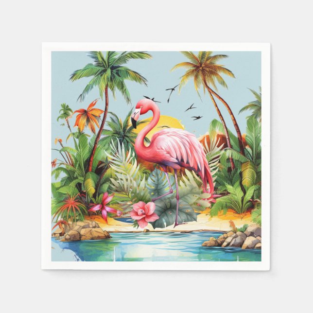 Serviette En Papier Amoureux des flamants roses de plage mignons (Devant)