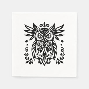 Serviette En Papier Amoureux des hiboux Rustique Bois Noir Blanc Bohèm
