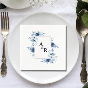 Serviette En Papier Ampersand Blue Floral Couple Initiales Mariage