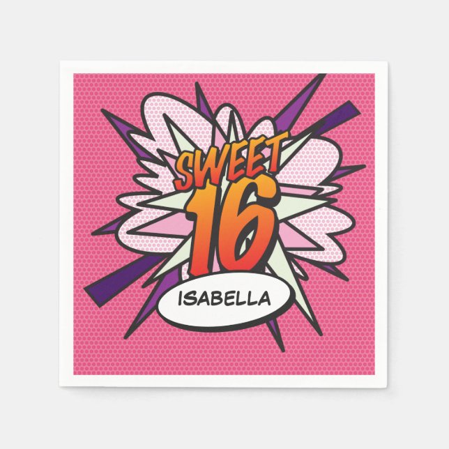 Serviette En Papier Amusant Anniversaire 16 Ans Rétro Bande Dessinée R (Devant)
