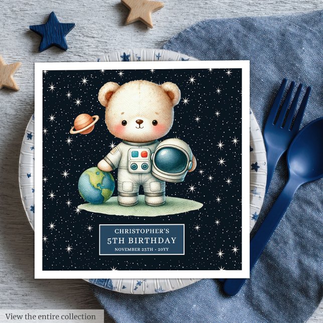 Serviette En Papier Amusant Teddy Astronaut Napkins Garçon Anniversair (Fun Teddy Astronaut Napkins Boy Birthday Custom Name)