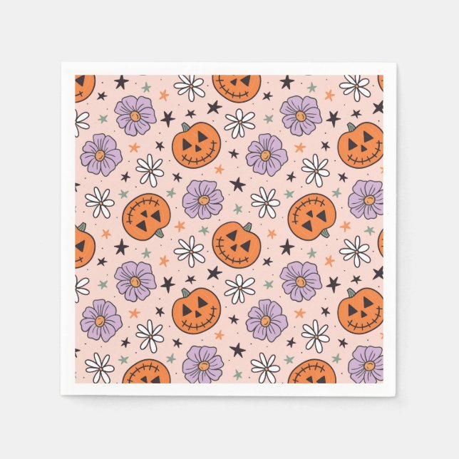 Serviette En Papier Amusants Citrouilles d'Halloween et Fleurs Motif (Devant)
