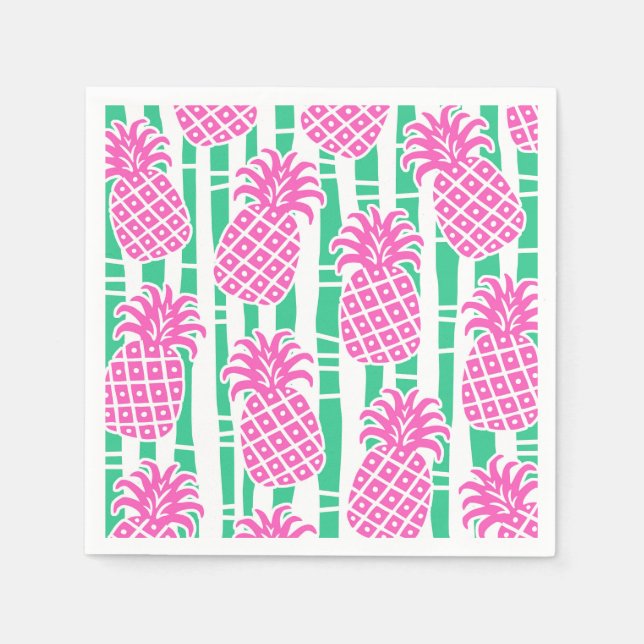 Serviette En Papier Ananas Bambou rayures rose et Motif vert (Devant)