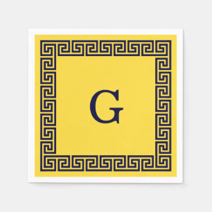 Serviette En Papier Ananas, Clé grecque bleue marine #1 Monogramme enc