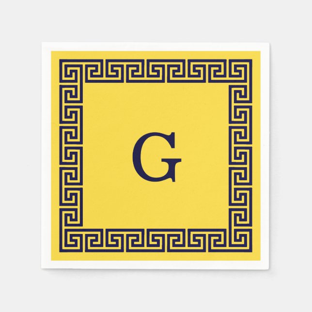 Serviette En Papier Ananas, Clé grecque bleue marine #1 Monogramme enc (Devant)