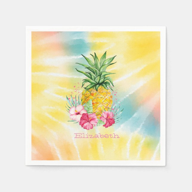Serviette En Papier Ananas, Hibiscus aquarelle Rainbow Tie Dye (Devant)