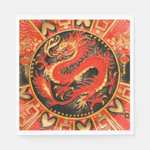 Serviette En Papier Ancien Dragon chinois traditionnel Rouge Or Or