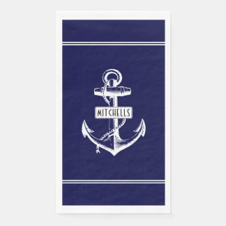 Serviette En Papier Ancrage blanc, lignes et nom sur marine bleu nauti