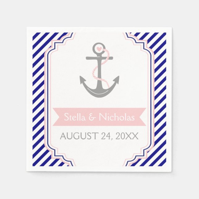 Serviette En Papier Ancrage gris marine rose bleu bleu blanc mariage (Devant)